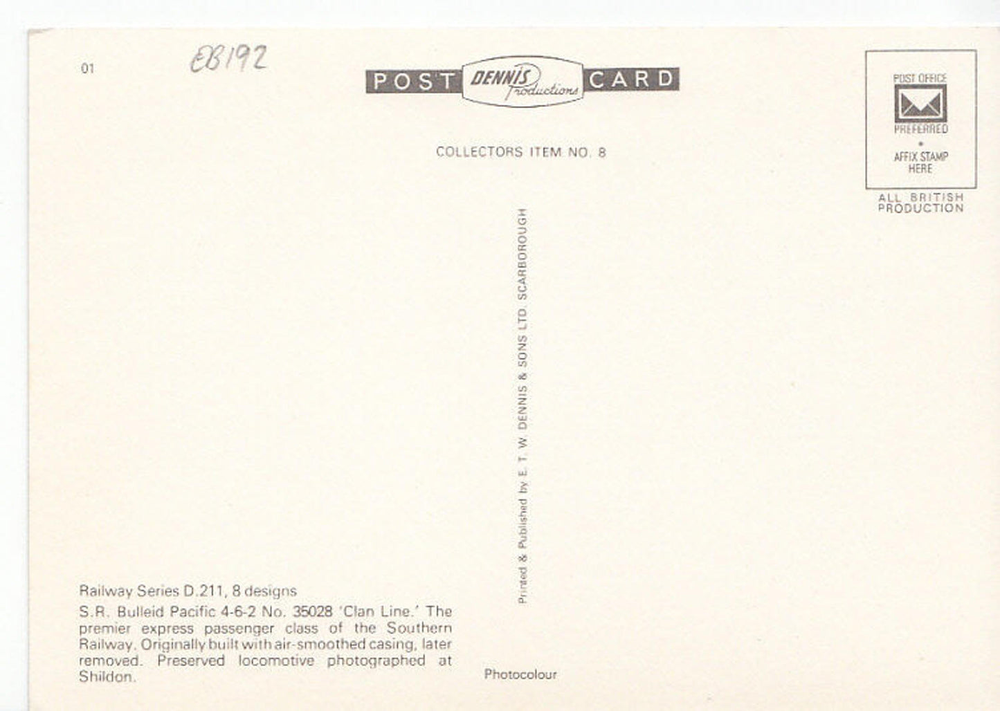 Railways Postcard - Trains - S.R.Bulleid Pacific 4-6-2 No.35028 - EB192