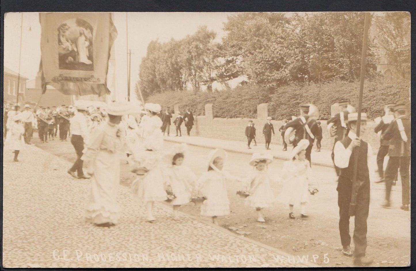 Lancashire Postcard: Procession Higher Walton Village Street 1900s RPPC BH2092