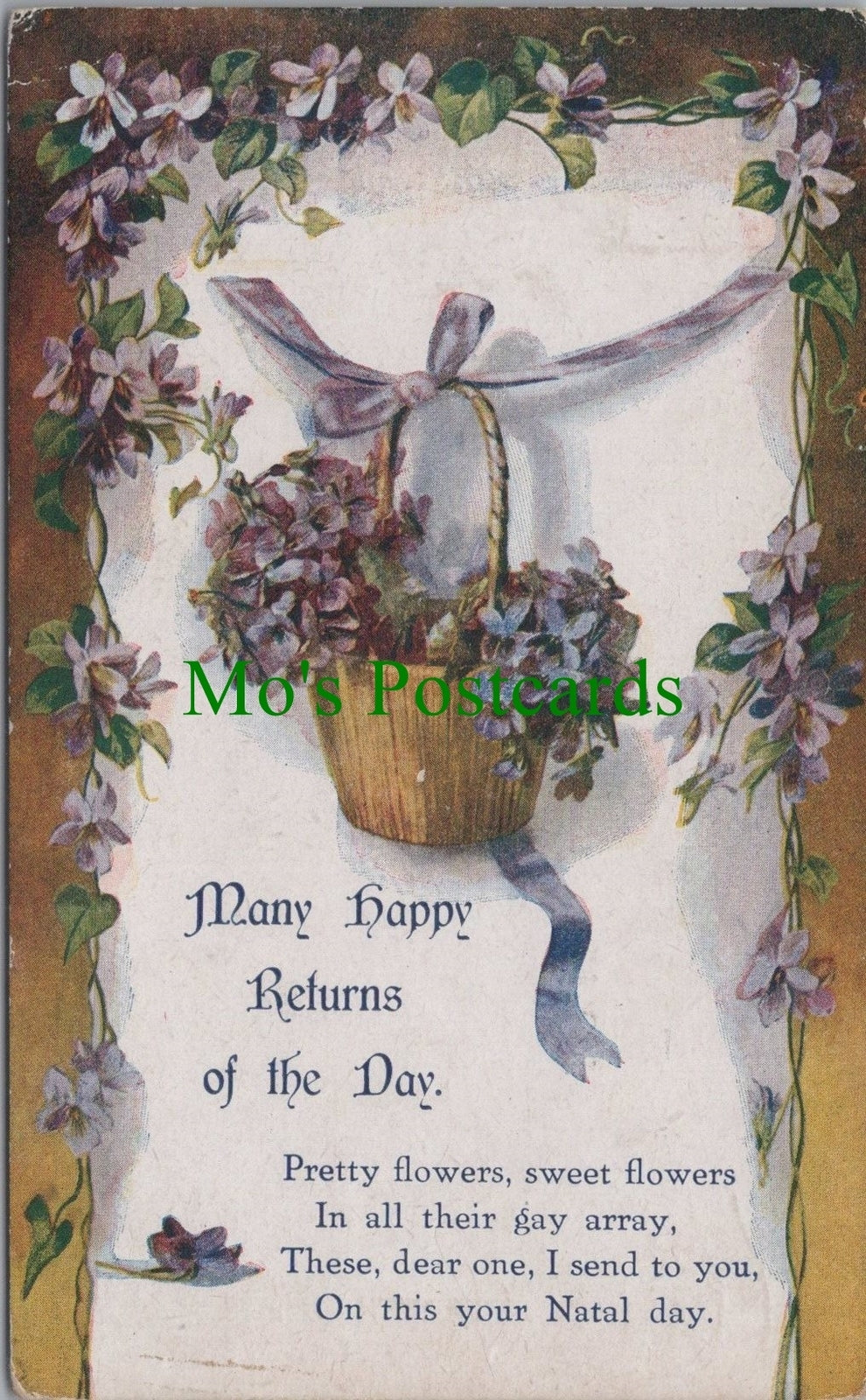 Purple Violets Basket Ribbon Border Many Happy Returns Birthday Postcard RS30555