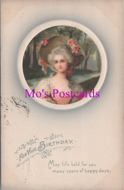 Georgian Lady Portrait Birthday Greeting Hat Dress Embossed Postcard RS38912