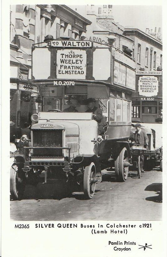 Bus Postcard: Vintage Silver Queen Double Decker at Lamb Hotel Colchester S761
