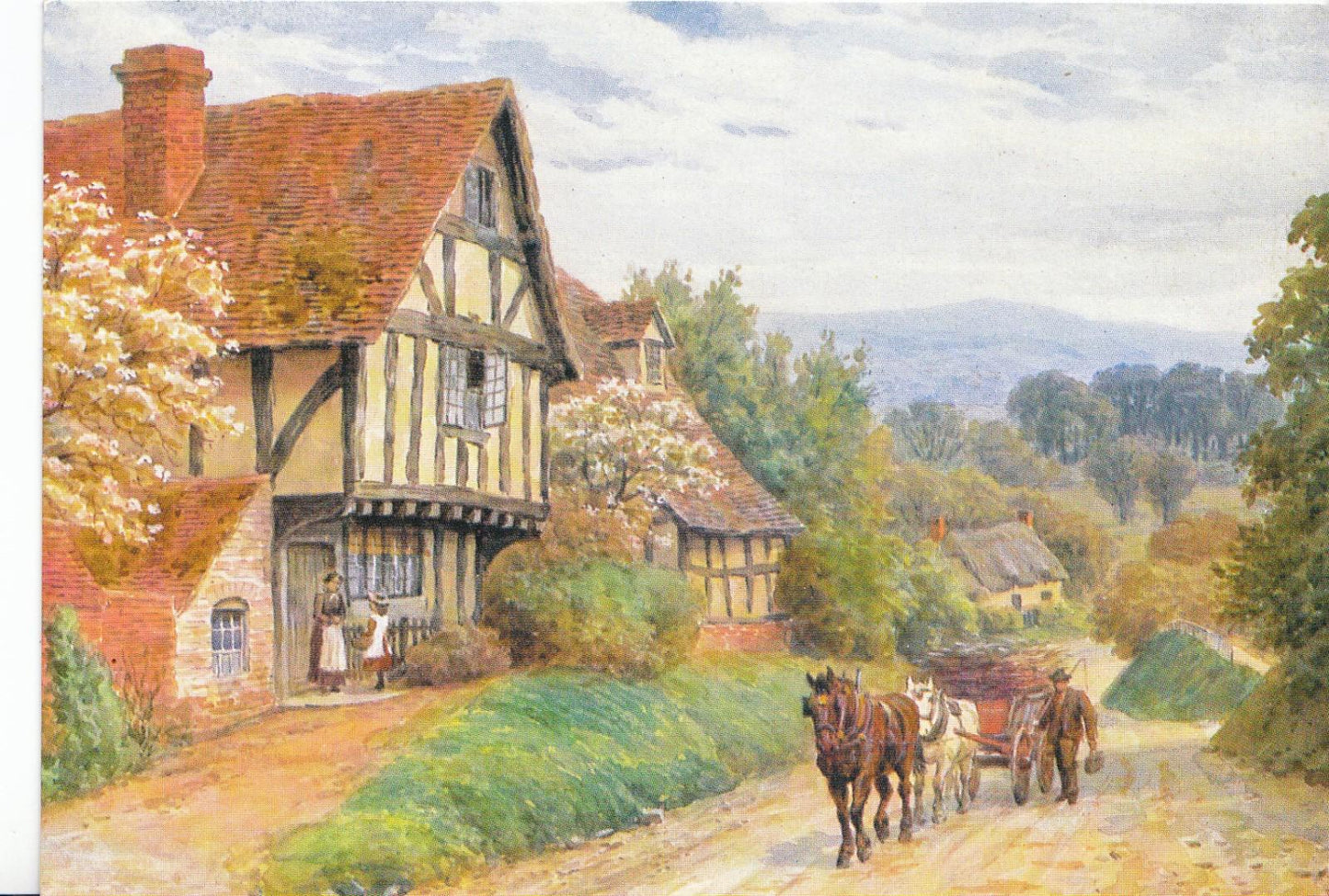 Old Cropthorne Hill Evesham Timber Framed Cottages Horse Wagon Postcard AB2318