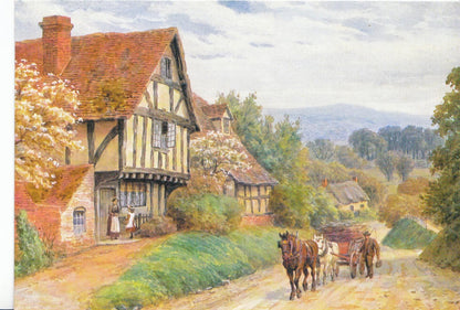 Old Cropthorne Hill Evesham Timber Framed Cottages Horse Wagon Postcard AB2318