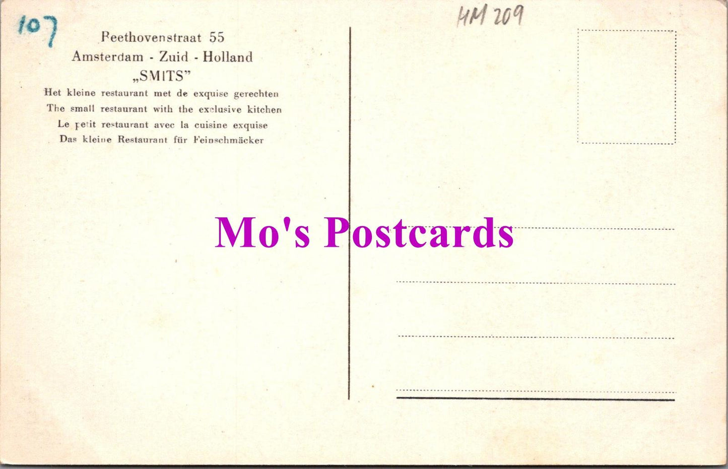Netherlands Postcard - Amsterdam, Beethovenstraat 55, Small Restaurant  HM209