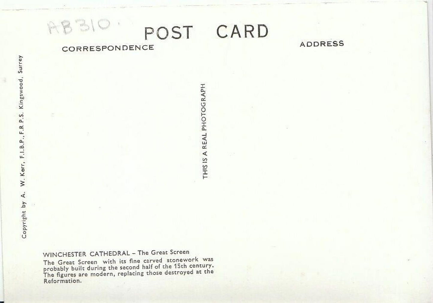 Hampshire Postcard - Winchester Cathedral, The Great Screen  AB310