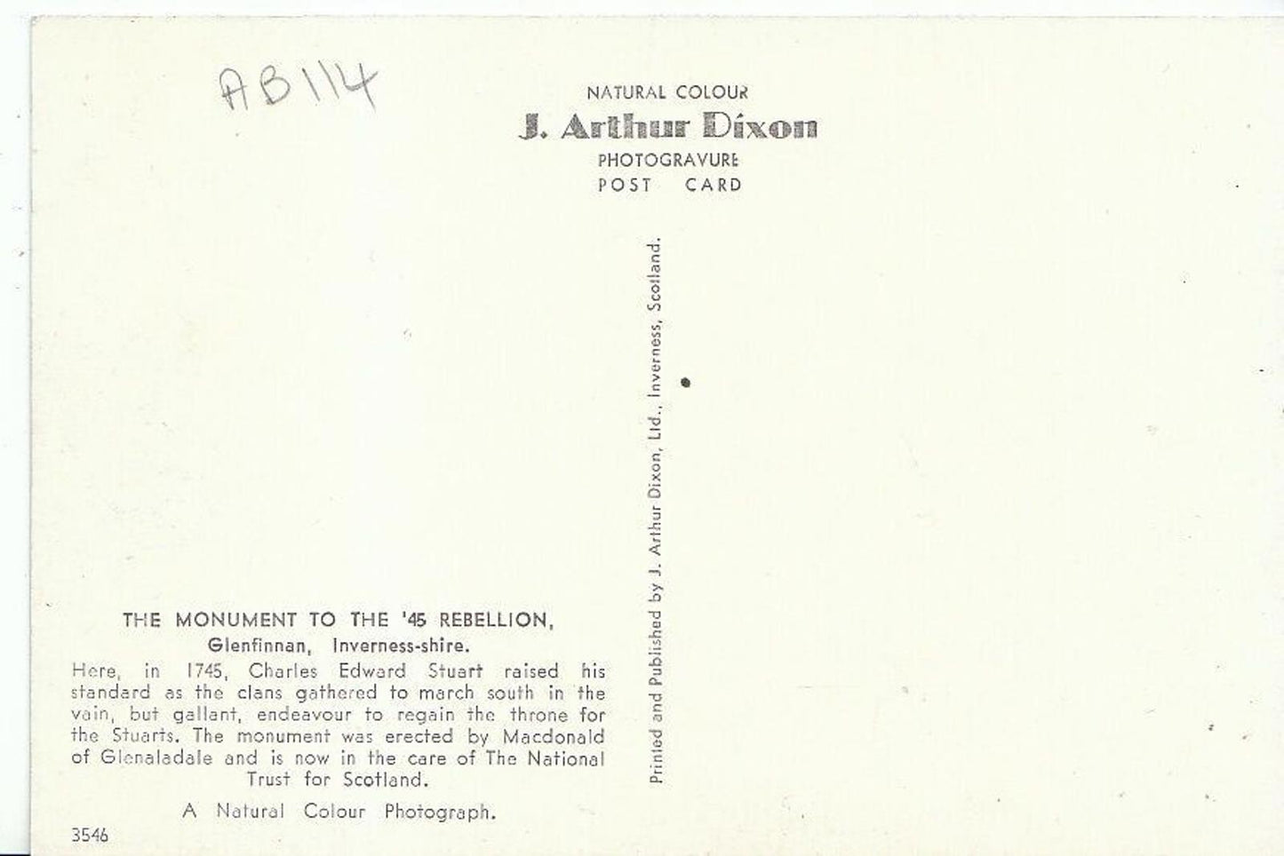 Scotland Postcard - The Monument To The '45 Rebellion, Glenfinnan   AB114