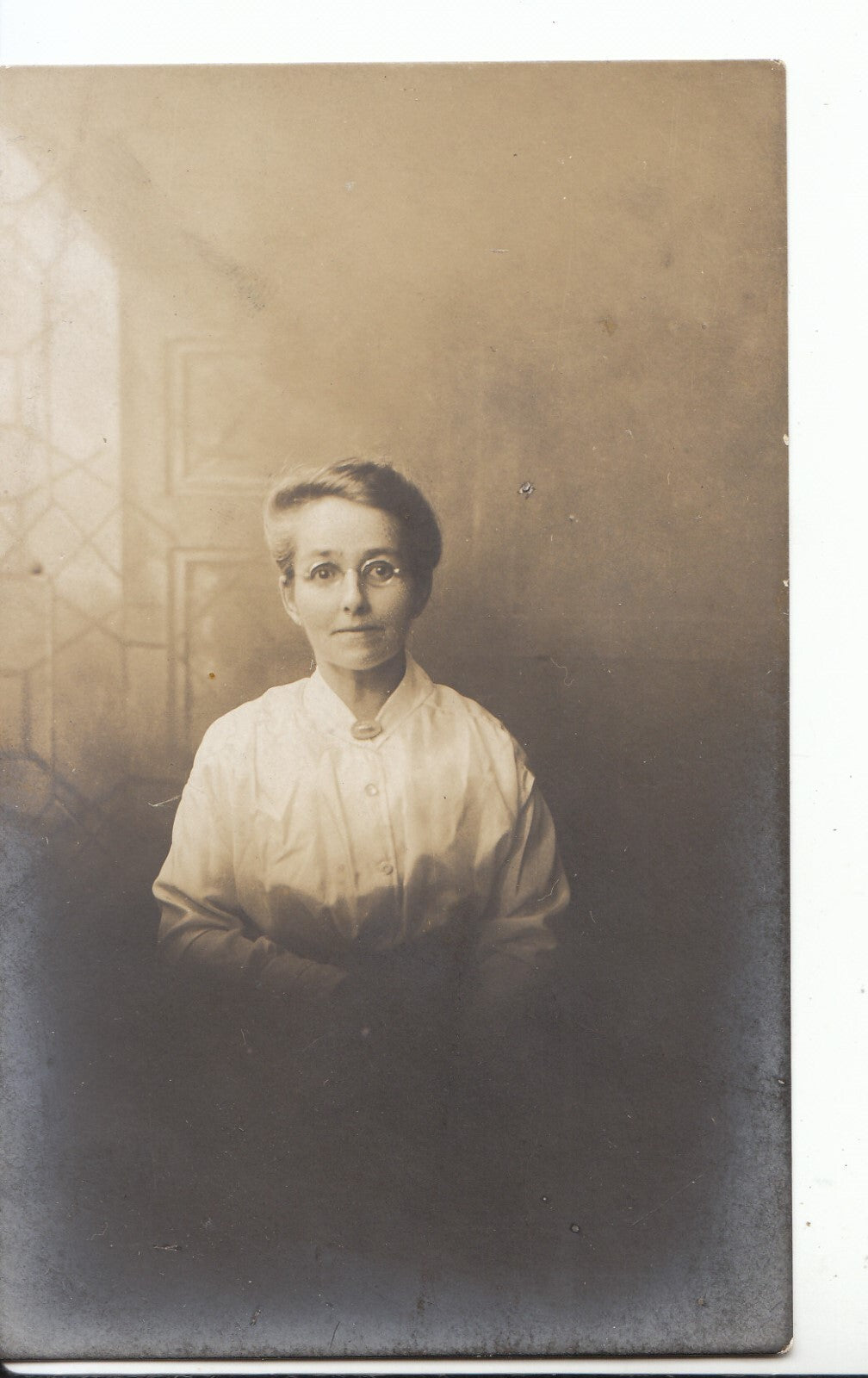 Old Real Photo Postcard Edwardian Studio Portrait Glasses Blouse Woman ZZ4309