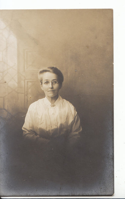 Old Real Photo Postcard Edwardian Studio Portrait Glasses Blouse Woman ZZ4309