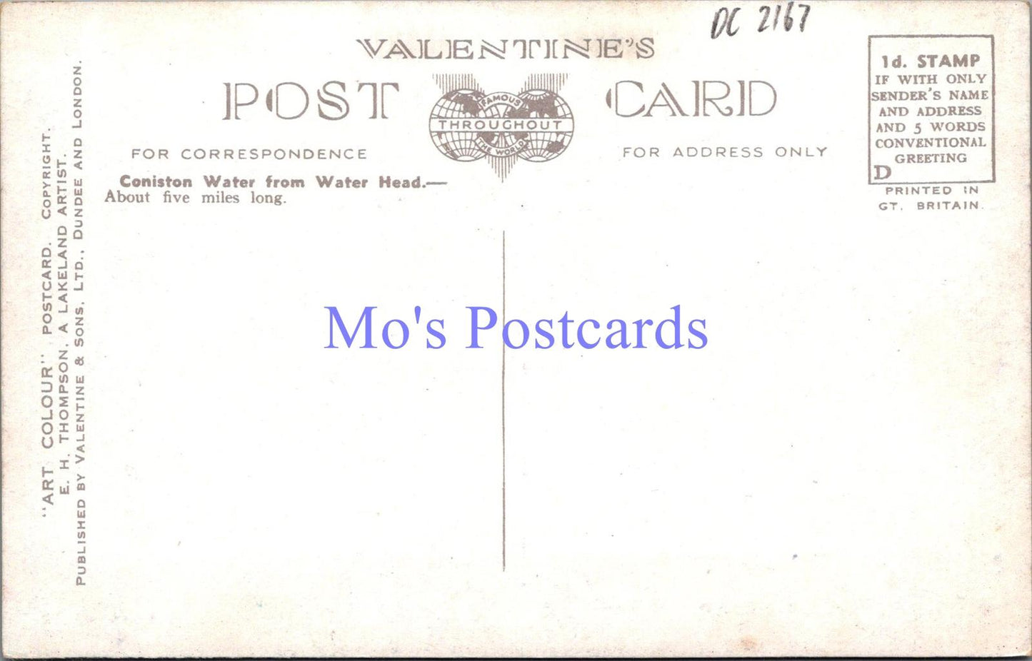 Cumbria Postcard - Coniston Water From Waterhead, Artist E.H.Thompson DC2167