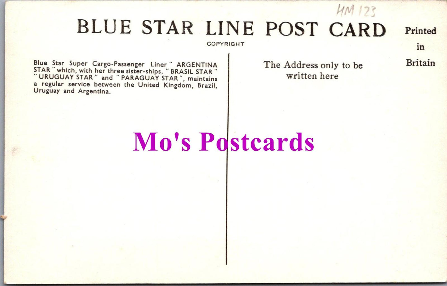Shipping Postcard - Blue Star Super Cargo Passenger Liner Argentina Star  HM123