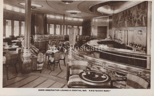 Shipping History Postcard - Ocean Liner, R.M.S.Queen Mary, Cocktail Bar  XT103
