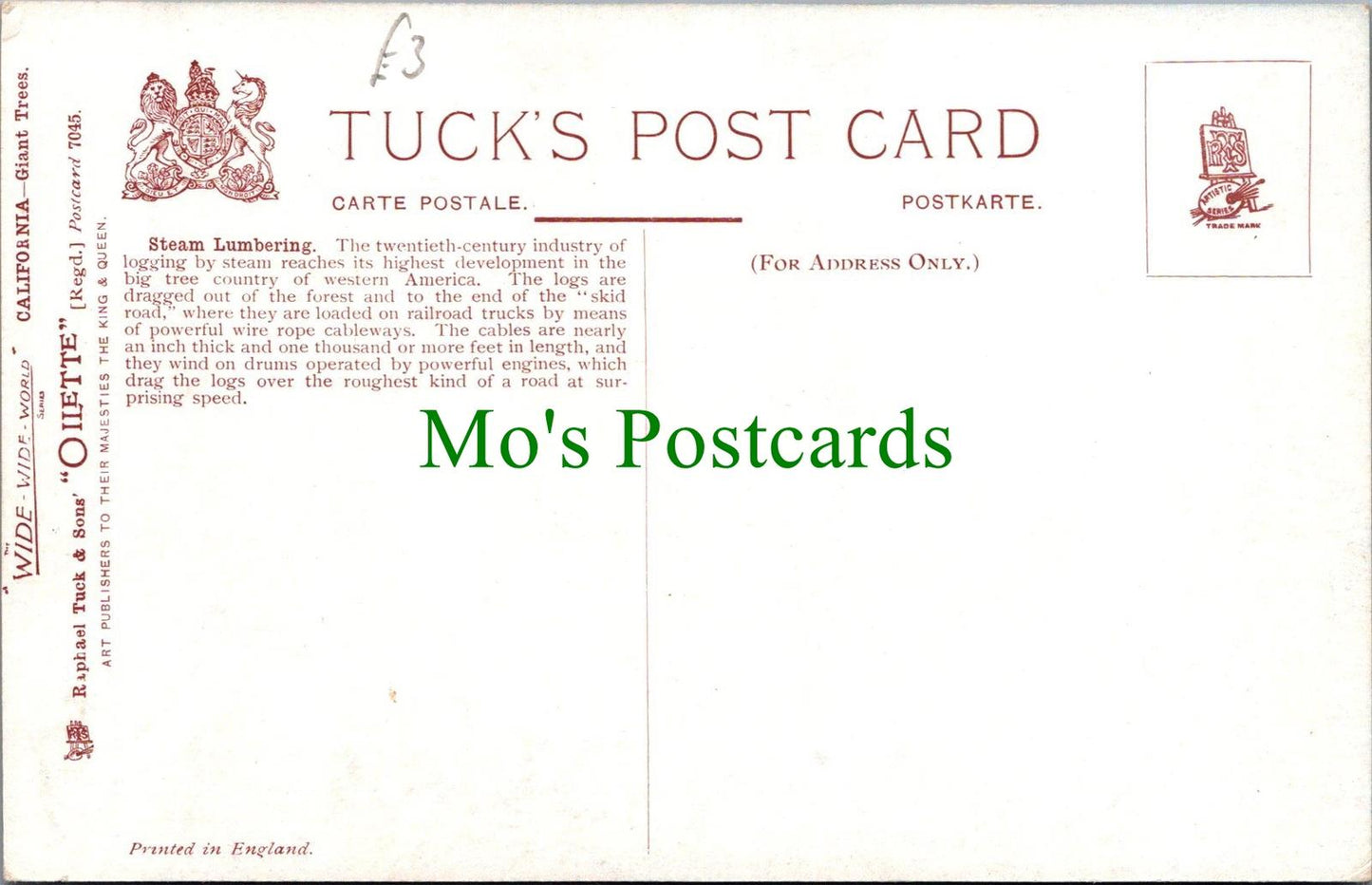 Industry Postcard - USA - California Giant Trees - Steam Lumbering  RS29358