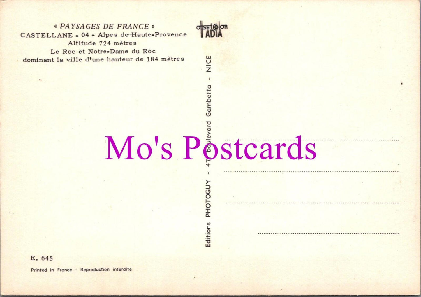 France Postcard - Castellane, Le Roc Et Notre-Dame Du Roc RR21444