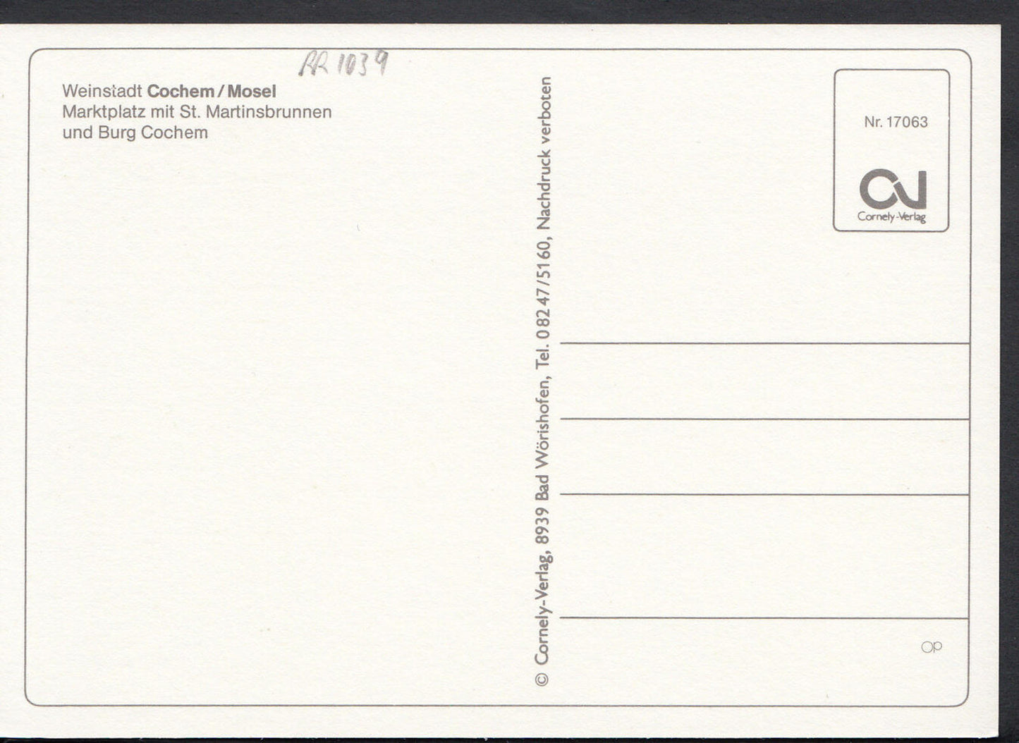 Germany Postcard-Weinstadt Cochem, Mosel,Marktplatz Mit St Martinsbrunnen RR1039