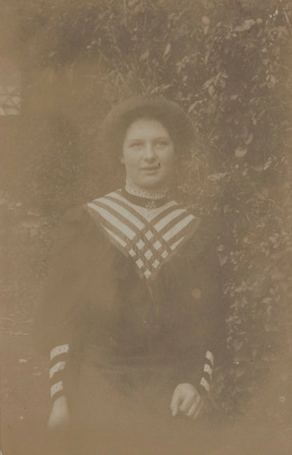Old Real Photo Postcard Edwardian Portrait Woman Stripe Pattern Blouse RS22480