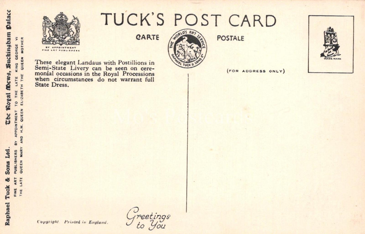 Royalty Postcard -Semi-State Road Landau, The Royal Mews, Buckingham Palace XT92
