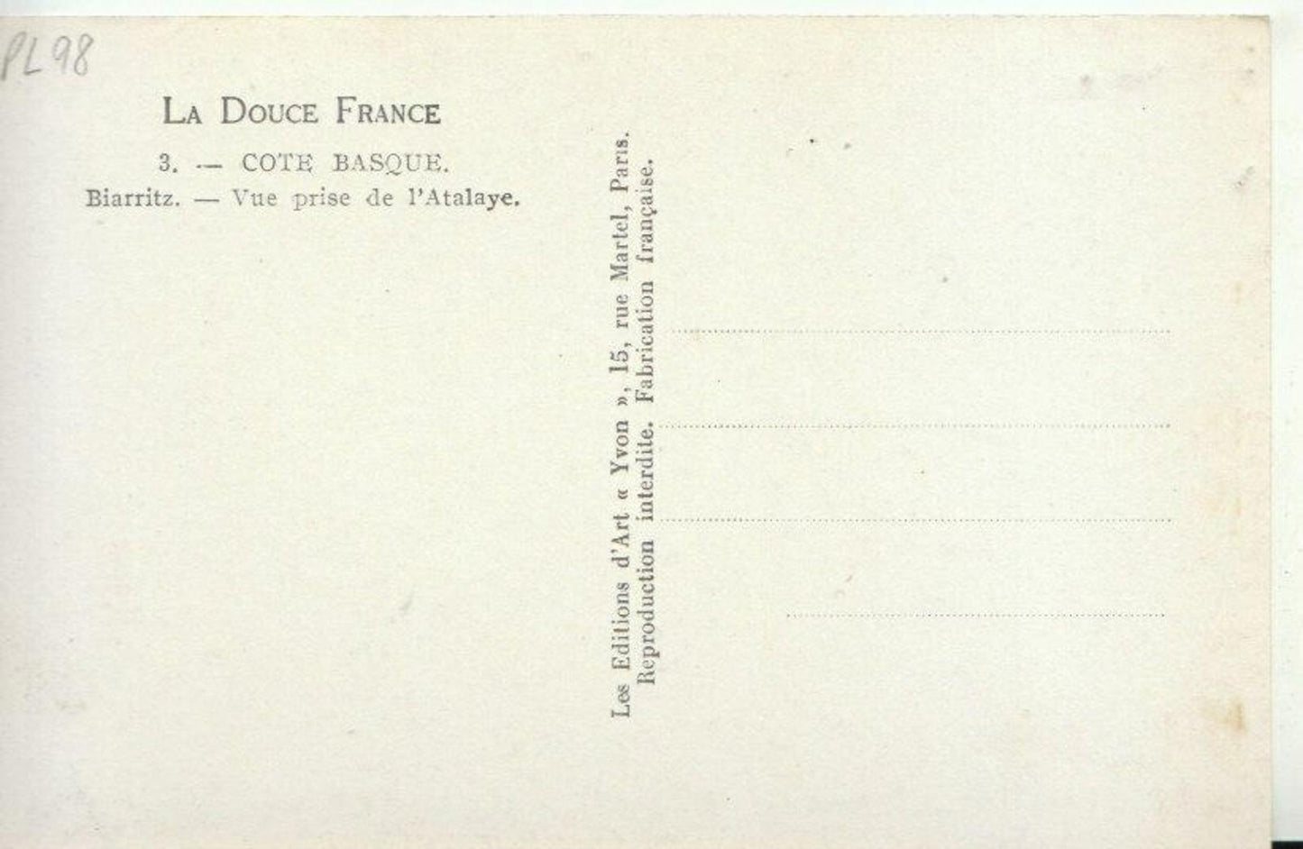 France Postcard - Cote Basque - Biarritz - Vue Prise De L'Atalaye  TZ10455