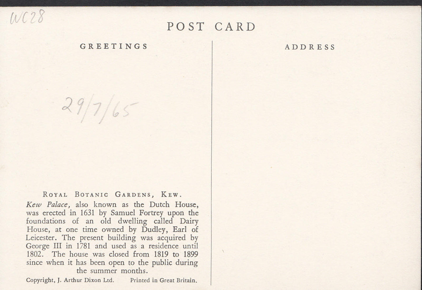 London Postcard - Kew Palace, Royal Botanic Gardens, Kew  WC28