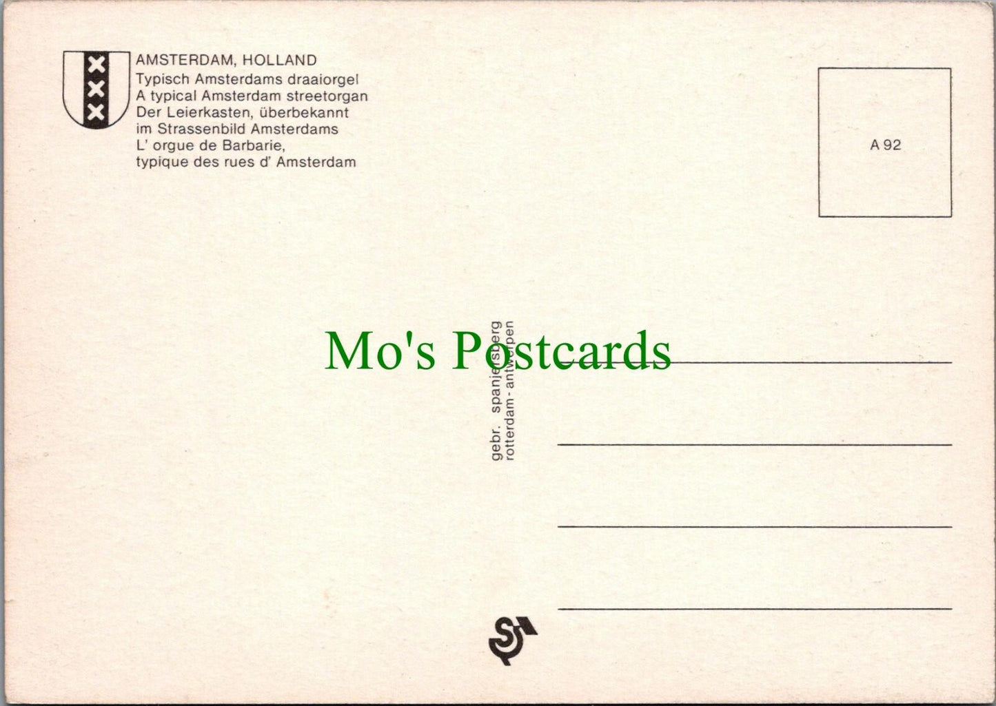 Netherlands Postcard - Musical - Music - A Typical Amsterdam Streetorgan RR14352