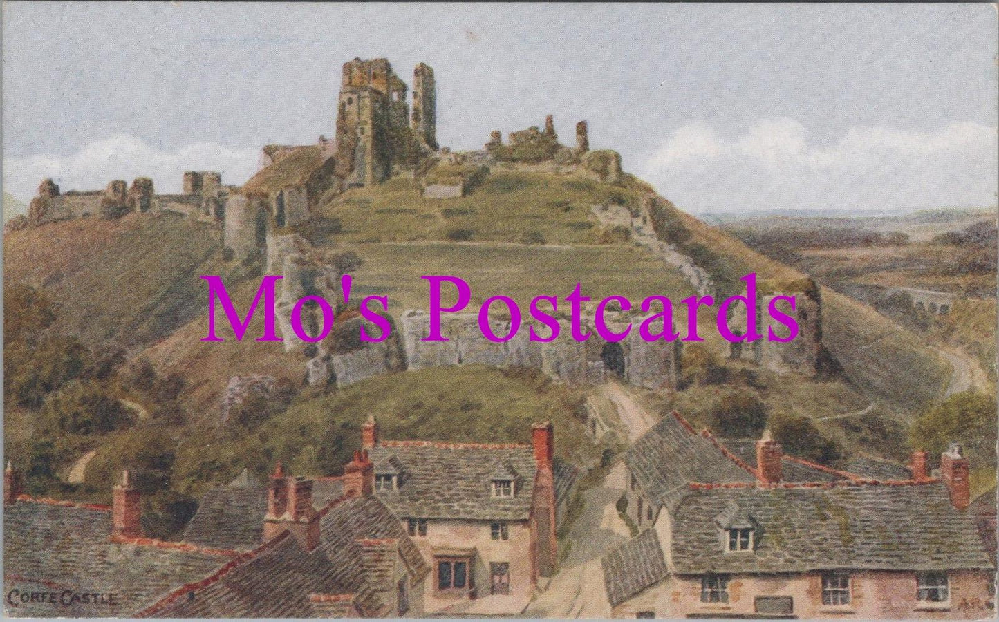 Dorset Postcard - Corfe Castle. Artist A.R.Quinton  HM696