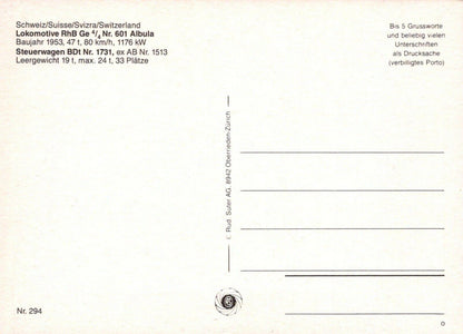 Transport Postcard - Switzerland - Lokomotive Rhb - Steuerwagen Bdt   RRR78