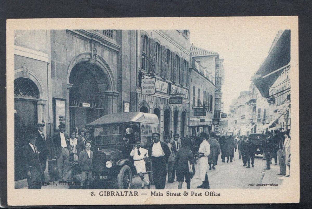 Gibraltar Postcard: Main Street & Post Office 1920s Motor Car Scene  T6644