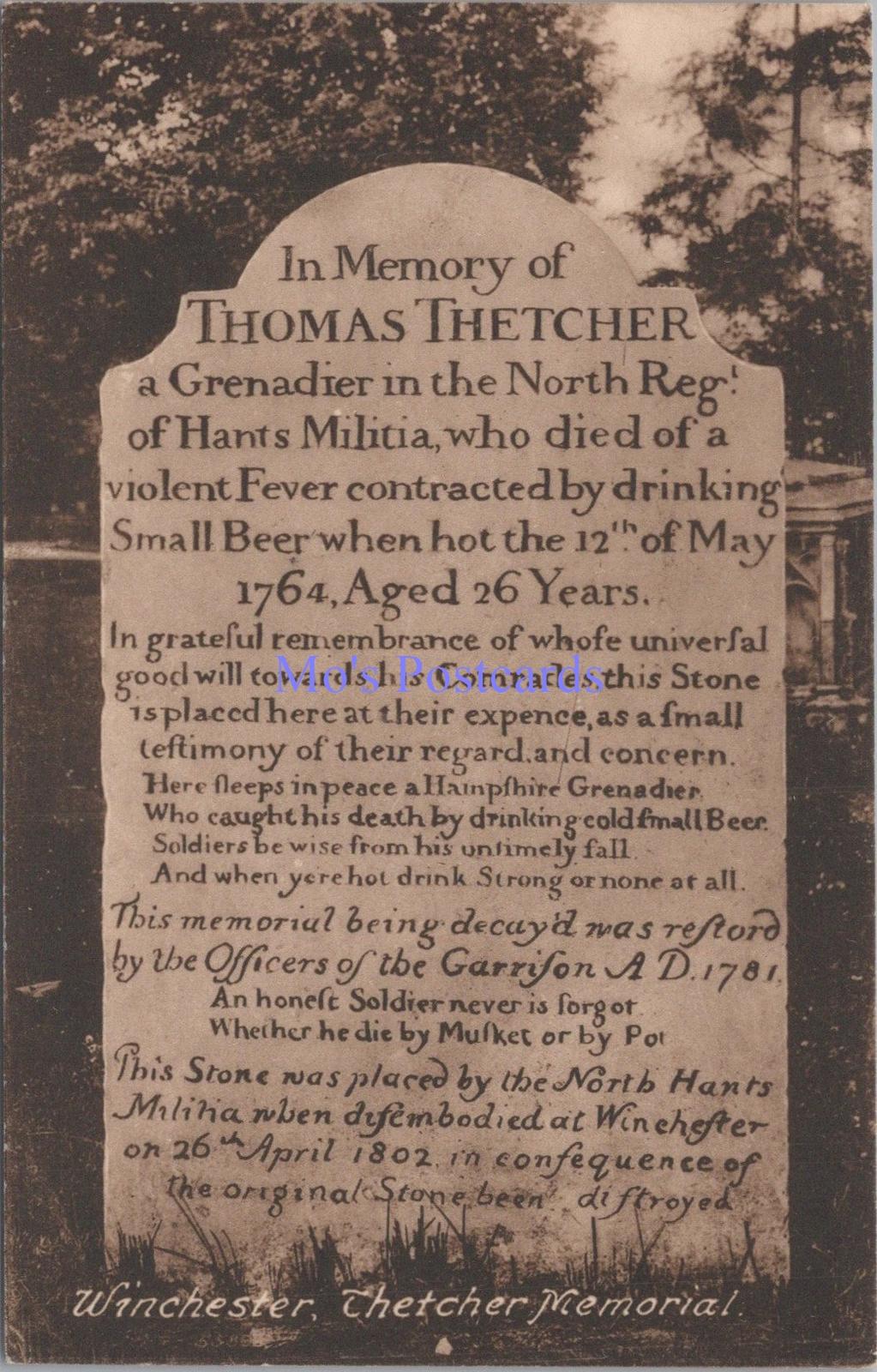 Hampshire Postcard - Winchester, Thetcher Memorial   DC2332