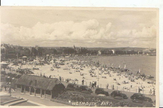 Dorset Postcard: Weymouth Bay Esplanade Beach Crowds Thatch Shelter 1930s 6532A