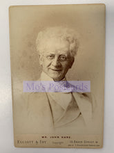 Load image into Gallery viewer, Vintage cabinet card of a man with white hair and glasses, featuring the text &#39;Mr. John Hare, Elliott &amp; Fry&#39;.
