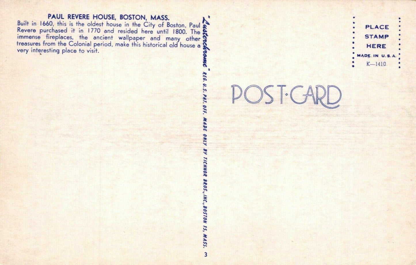 America Postcard - Paul Revere House, Boston, Massachusetts  RS22130
