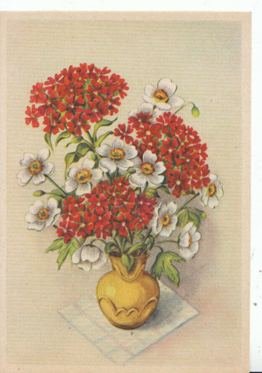 Flowers Postcard - Yellow Vase of Red and White Flowers  17601A