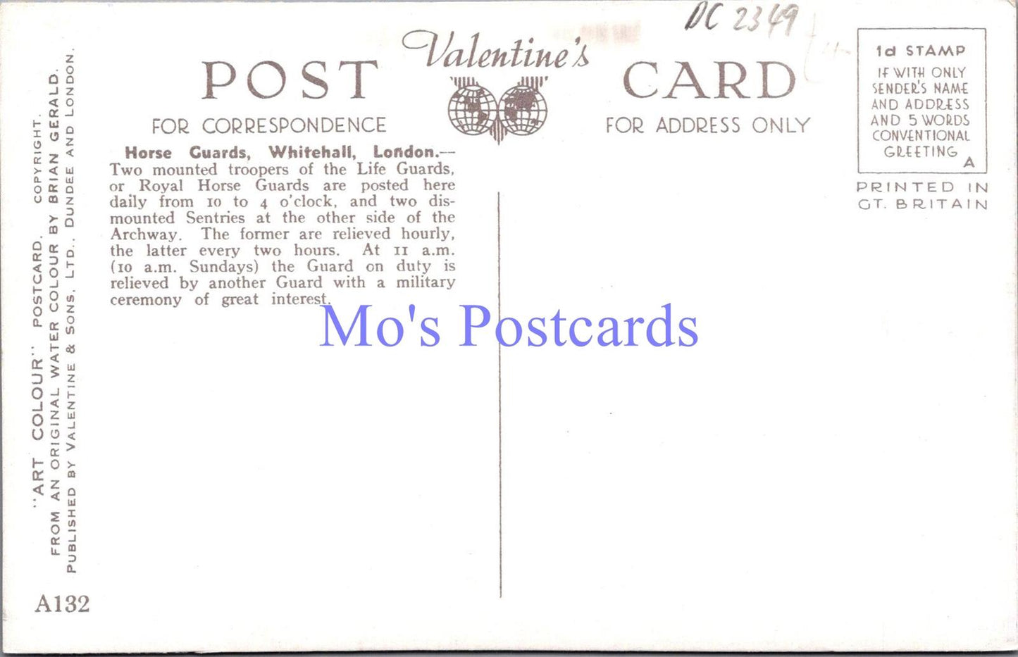 Military Postcard - Horse Guard Sentries, Whitehall. Artist Brian Gerald DC2349