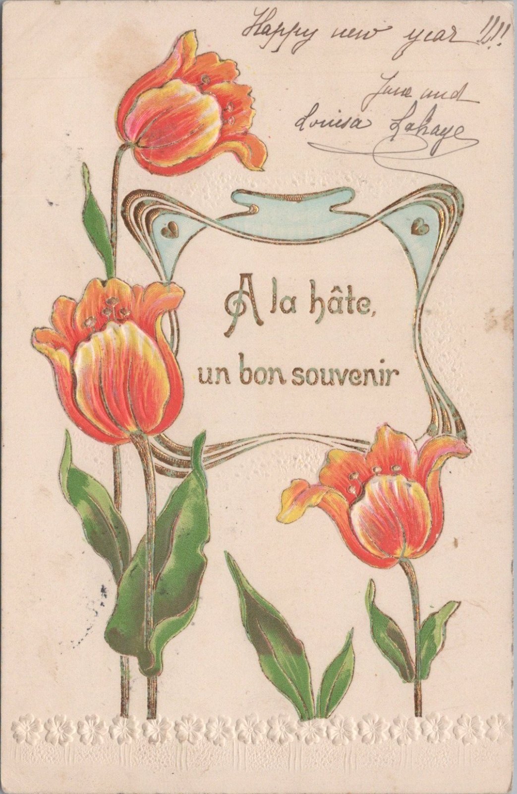 Orange Tulip Flowers Banner French Greeting Postcard Happy New Year Verse XT3503