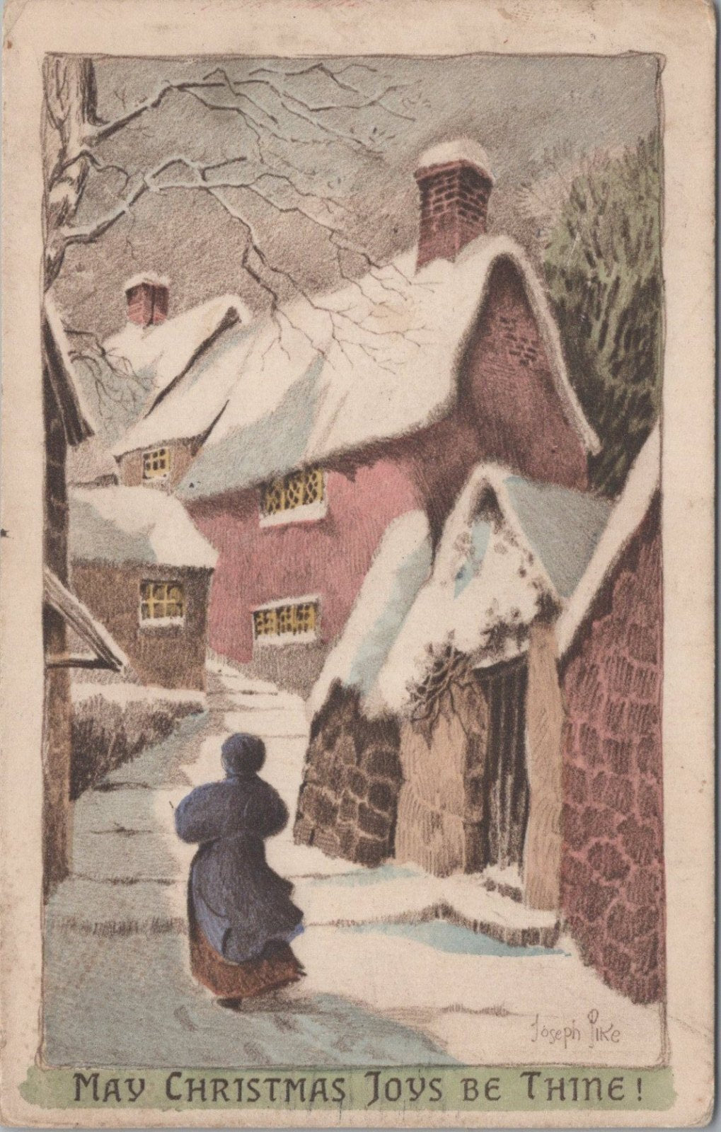 Christmas Postcard: Joseph Pike Winter Snow Cottages Lady Walking  XT3635