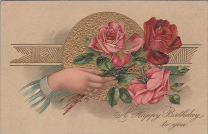 Birthday Postcard: Hand Holding Roses Gold Medallion Ribbon 1900s XT4986