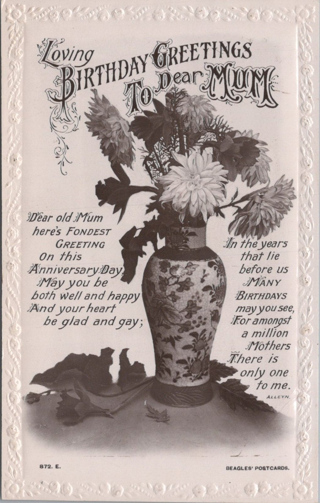 Birthday Postcard: Loving Greetings To Dear Mum Chusan Vase Verse 1910s XT4989