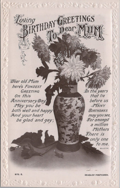 Birthday Postcard: Loving Greetings To Dear Mum Chusan Vase Verse 1910s XT4989