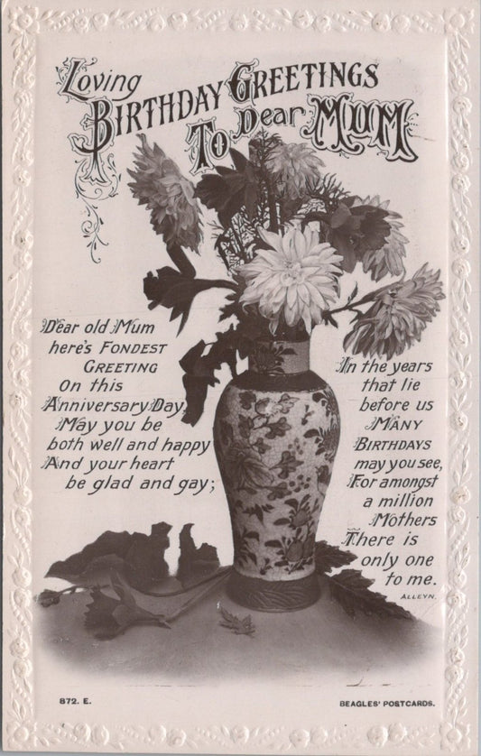 Birthday Postcard: Loving Greetings To Dear Mum Chusan Vase Verse 1910s XT4989