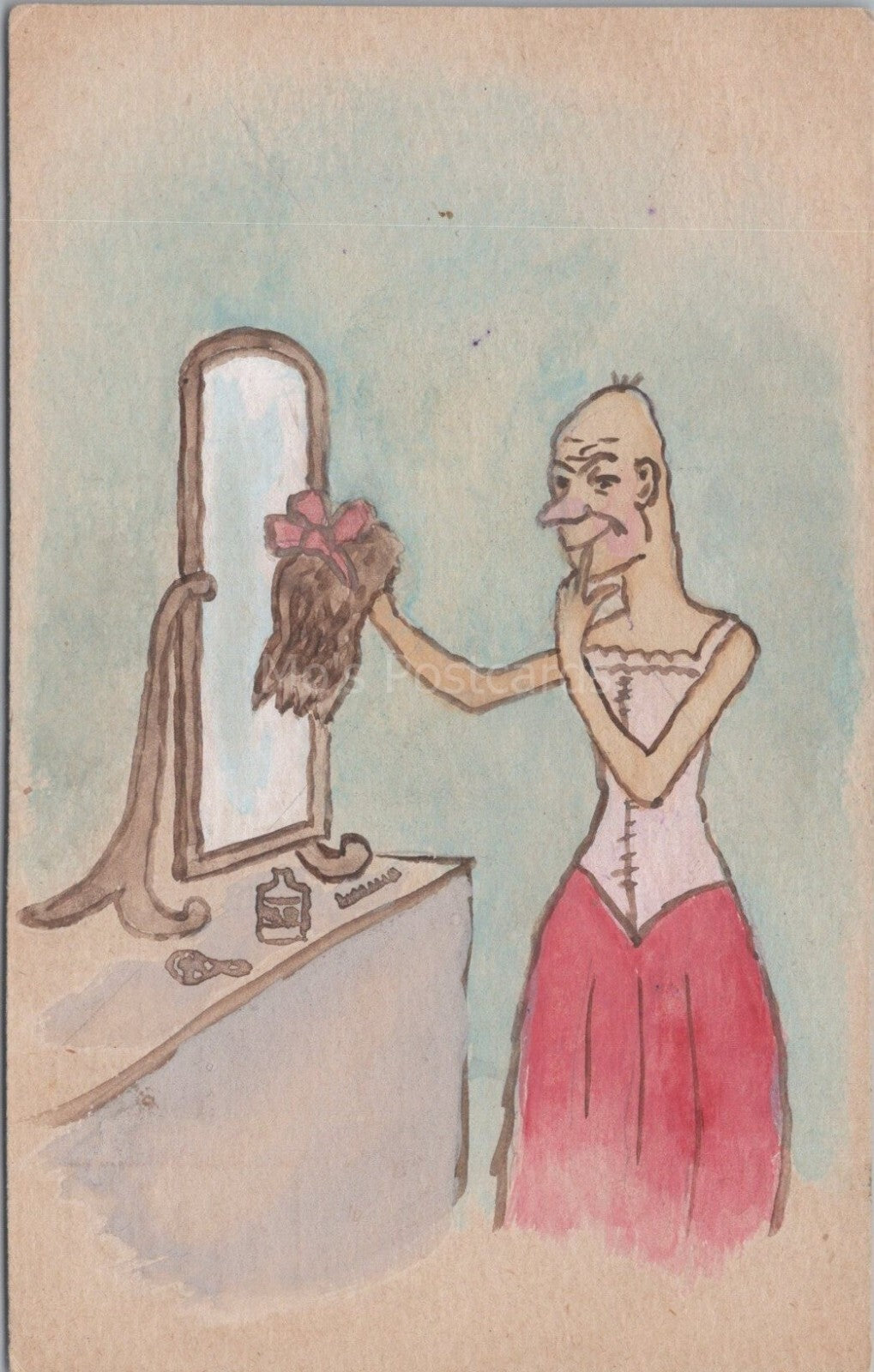 Hand Painted Postcard: Comic Humorous Bald Woman Dressing Table Wig Art XT3512