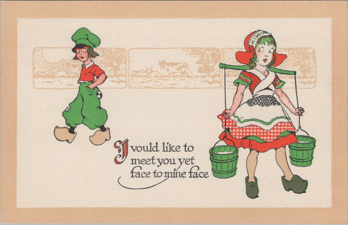 Dutch Kids Postcard: Girl Milk Pails Yoke, Boy Walking, Romance Comic 1910s XT3631