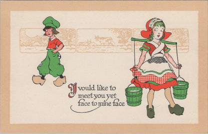 Dutch Kids Postcard: Girl Milk Pails Yoke, Boy Walking, Romance Comic 1910s XT3631