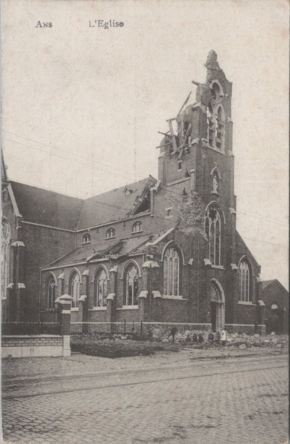 Belgium Postcard:Ans L'Eglise Damaged Church Ruins Bomb Damage WWI 1910's XT5162
