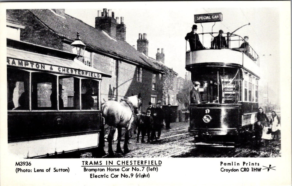 Derbyshire Postcard: Chesterfield Brampton Horse Car Electric Tram F2413