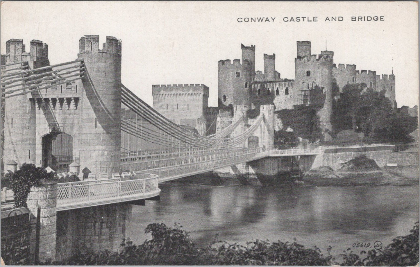 Conwy Postcard: Conwy Castle, Suspension Bridge, River, Towers 1920's XT3574