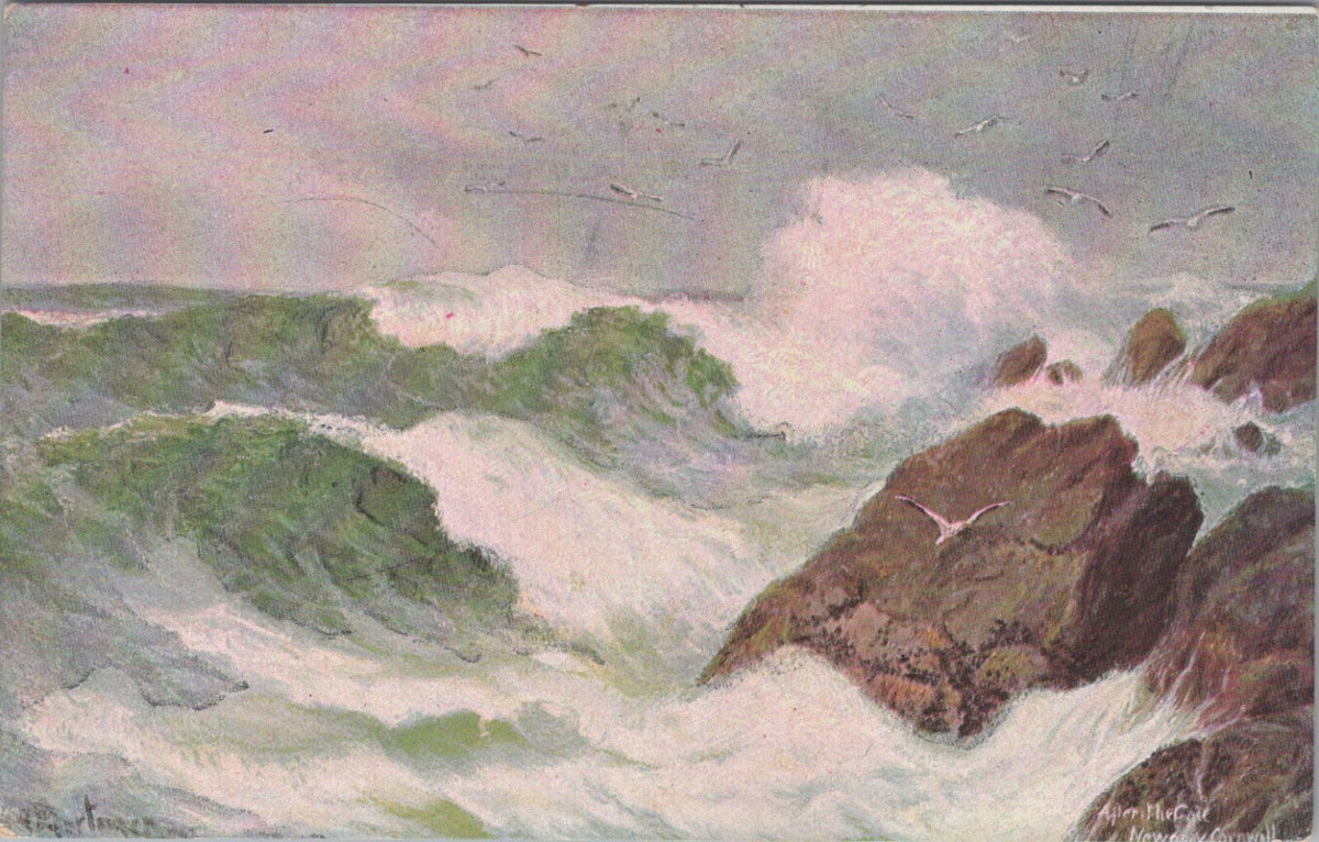 Cornwall Postcard: Newquay After The Gale Rough Sea Crashing Waves Art XT5385