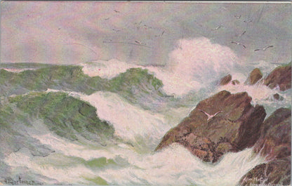 Cornwall Postcard: Newquay After The Gale Rough Sea Crashing Waves Art XT5385