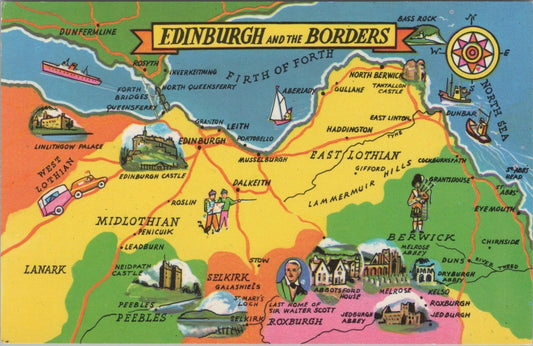 Scotland Postcard: Edinburgh And The Borders Map Illustrated 1970's XT5622
