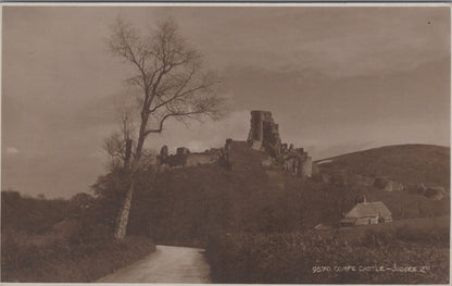 Dorset Postcard: Corfe Castle Ruins, Distant View, Country Road 1920's XT3558