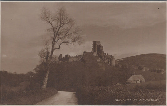 Dorset Postcard: Corfe Castle Ruins, Distant View, Country Road 1920's XT3558