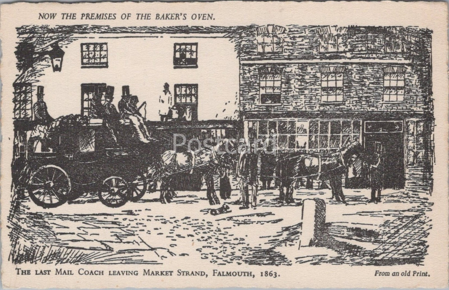 Cornwall Postcard: Falmouth Market Strand Last Mail Coach Leaving 1863  XT4317